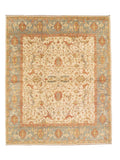 An antique-style oriental rug with a cream center field, a muted blue-gray border, and warm rust-orange and beige details throughout its intricate floral and geometric pattern.